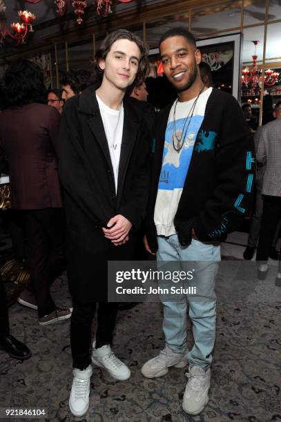 Timothee Chalamet and Kid Cudi attend GQ and Oliver Peoples Celebrate Timothee Chalamet March Cover Dinner at Nomad Los Angeles on February 20, 2018...