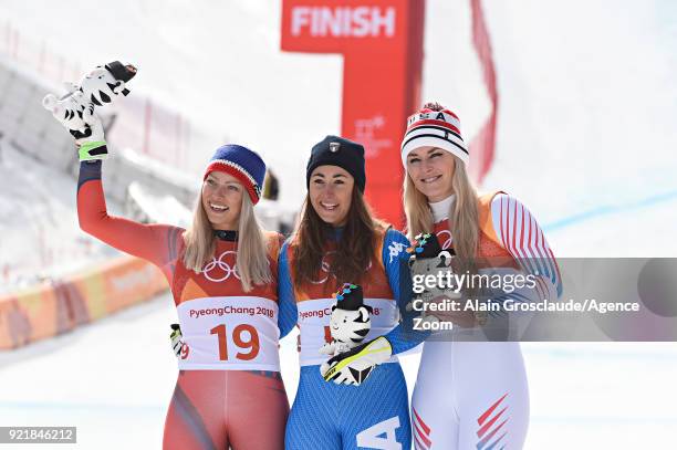 Ragnhild Mowinckel of Norway wins the silver medal, Sofia Goggia of Italy wins the gold medal, Lindsey Vonn of USA wins the silver medal during the...