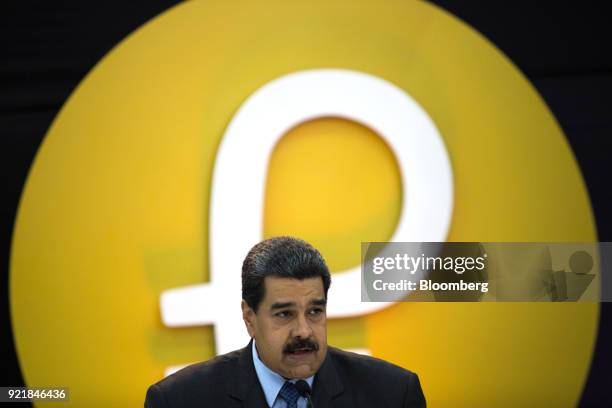 Nicolas Maduro, Venezuela's president, speaks during the Petro cryptocurrency launch event in Caracas, Venezuela, on Tuesday, Feb. 20, 2018. Maduro...