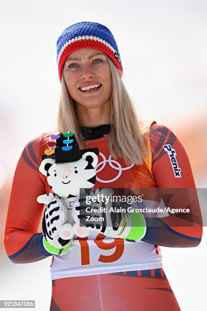 Ragnhild Mowinckel of Norway wins the silver medal during the Alpine Skiing Women's Downhill at Jeongseon Alpine Centre on February 21, 2018 in...