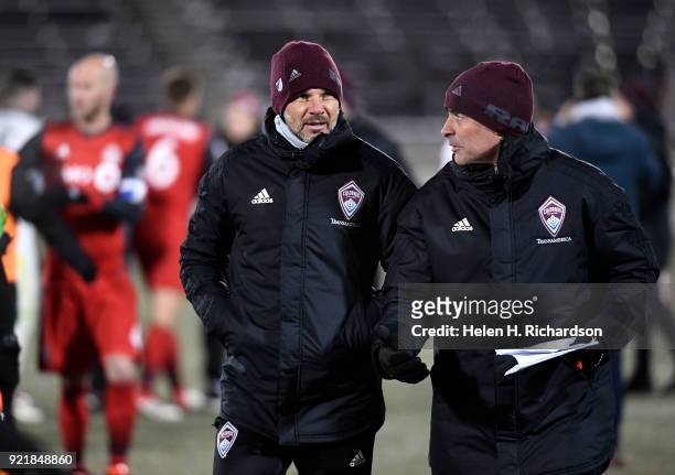 Colorado Rapids new head coach Anthony Hudson, middle left, walks off the field after his team lost to Toronto FC during the CONCACAF Champions...
