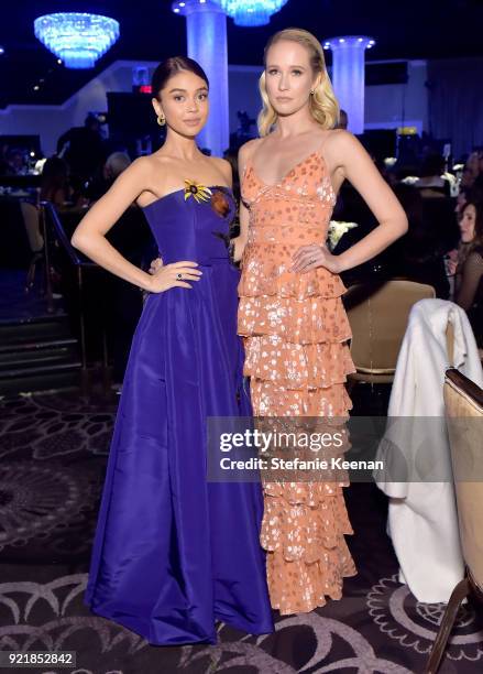 Actors Sarah Hyland and Anna Camp attend the Costume Designers Guild Awards at The Beverly Hilton Hotel on February 20, 2018 in Beverly Hills,...