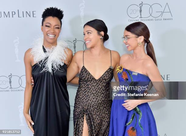 Actor Sonequa Martin-Green, host Gina Rodriguez, and actor Sarah Hyland attend the Costume Designers Guild Awards at The Beverly Hilton Hotel on...