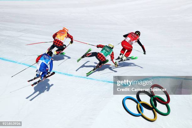 Kevin Drury of Canada, Dave Duncan of Canada, Arnaud Bovolenta of France and Sergey Ridzik of Olympic athlertes of Russia compete in the Freestyle...