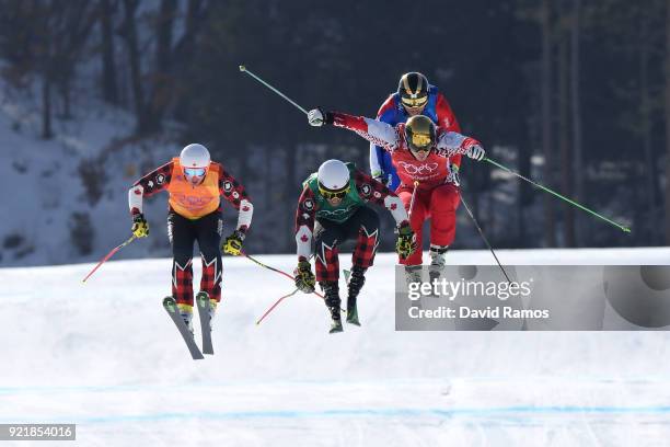 Kevin Drury of Canada, Dave Duncan of Canada, Arnaud Bovolenta of France and Sergey Ridzik of Olympic athlertes of Russia compete in the Freestyle...