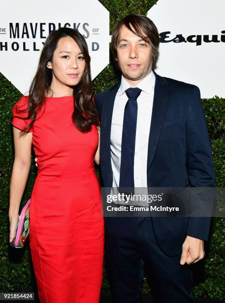 Samantha Kwan and Sean Baker, wearing Hugo Boss, attend Esquire's 'Mavericks of Hollywood' Celebration presented by Hugo Boss on February 20, 2018 in...