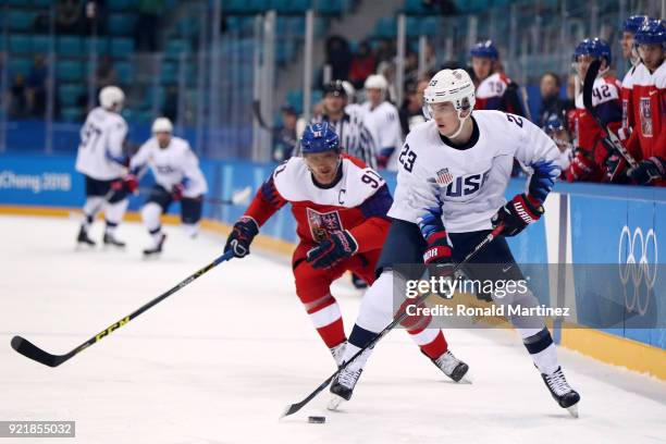 Troy Terry of the United States skates against Martin Erat of the Czech Republic in the first period during the Men's Play-offs Quarterfinals on day...