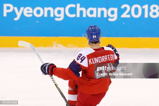 Tomas Kundratek of the Czech Republic celebrates after scoring a goal against the United States in the second period during the Men's Play-offs...