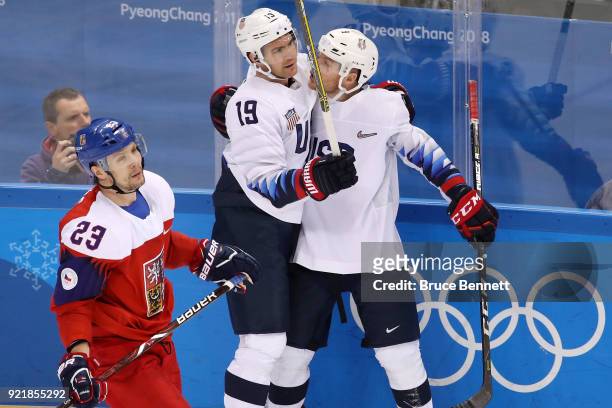 Jim Slater of the United States celebrates after scoring a goal against Czech Republic in the second period during the Men's Play-offs Quarterfinals...