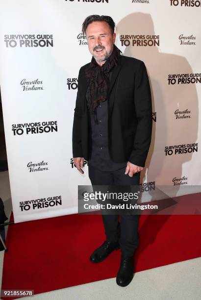Actor David Arquette attends the premiere of Gravitas Pictures' "Survivors Guide to Prison" at The Landmark on February 20, 2018 in Los Angeles,...
