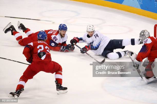 Tomas Kundratek of the Czech Republic collides with Broc Little of the United States during the Men's Play-offs Quarterfinals on day twelve of the...