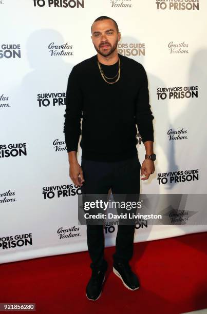 Actor Jesse Williams attends the premiere of Gravitas Pictures' "Survivors Guide to Prison" at The Landmark on February 20, 2018 in Los Angeles,...