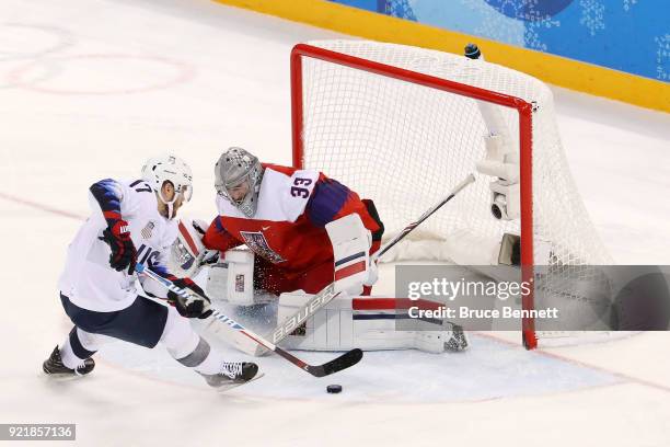 Chris Bourque of the United States misses a shot on Pavel Francouz of the Czech Republic in an overtime shootout during the Men's Play-offs...