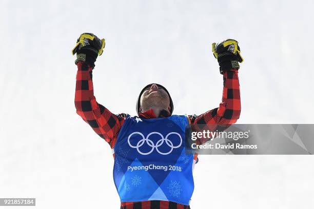 Gold medalist, Brady Leman of Canada celebrates on the podium following the Freestyle Skiing Men's Ski Cross Big Final on day 12 of the PyeongChang...