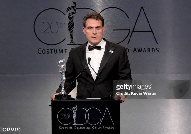 Actor Rufus Sewell speaks onstage during the Costume Designers Guild Awards at The Beverly Hilton Hotel on February 20, 2018 in Beverly Hills,...