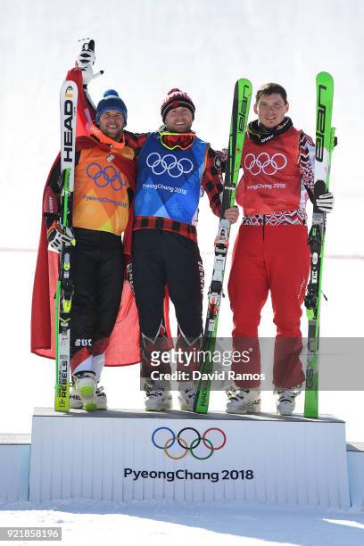 Silver medalist, Marc Bischofberger of Switzerland, gold medalist, Brady Leman of Canada and bronze medalist, Sergey Ridzik of Olympic athletes of...