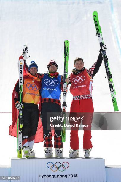 Silver medalist, Marc Bischofberger of Switzerland, gold medalist, Brady Leman of Canada and bronze medalist, Sergey Ridzik of Olympic athletes of...