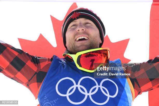 Gold medalist, Brady Leman of Canada celebrates as he crosses the finish in the Freestyle Skiing Men's Ski Cross Big Final on day 12 of the...