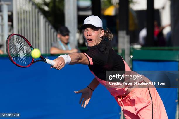 Match winner Denis Shapovalov of Canada in action against Ivo Karlovic of Croatia at the Delray Beach Open held at the Delray Beach Stadium & Tennis...