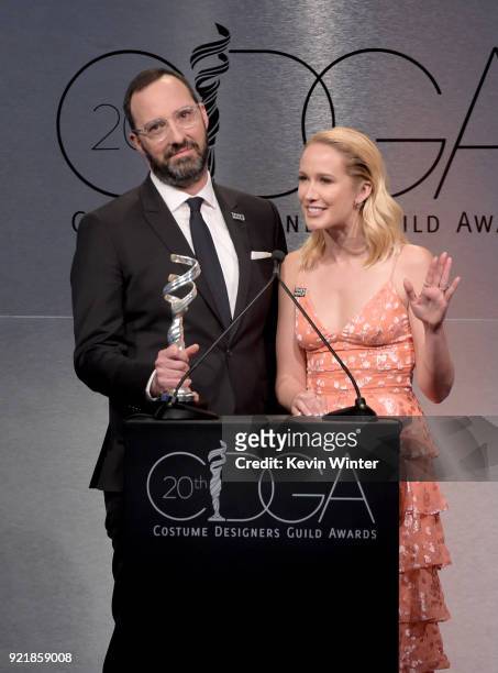 Actors Tony Hale and Anna Camp speak onstage during the Costume Designers Guild Awards at The Beverly Hilton Hotel on February 20, 2018 in Beverly...