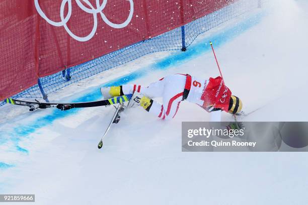 Christoph Wahrestoetter of Austria crashes in the Freestyle Skiing Men's Ski Cross 1/8 finals on day 12 of the PyeongChang 2018 Winter Olympic Games...