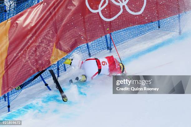 Christoph Wahrestoetter of Austria crashes in the Freestyle Skiing Men's Ski Cross 1/8 finals on day 12 of the PyeongChang 2018 Winter Olympic Games...