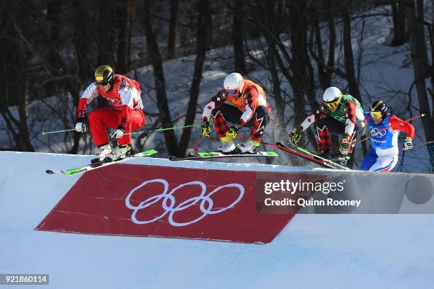 Kevin Drury of Canada, Dave Duncan of Canada, Arnaud Bovolenta of France and Sergey Ridzik of Olympic athlertes of Russia compete in the Freestyle...