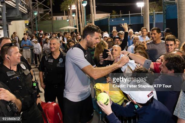 Juan Martin Del Potro of Argentina with fans after his win against Jeremy Chardy of France at the Delray Beach Open held at the Delray Beach Stadium...