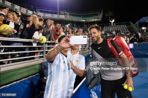 Juan Martin Del Potro of Argentina with fans after his win against Jeremy Chardy of France at the Delray Beach Open held at the Delray Beach Stadium...