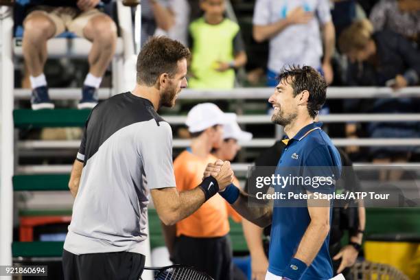 Match winner Juan Martin Del Potro of Argentina shakes hands with Jeremy Chardy of France at the Delray Beach Open held at the Delray Beach Stadium &...