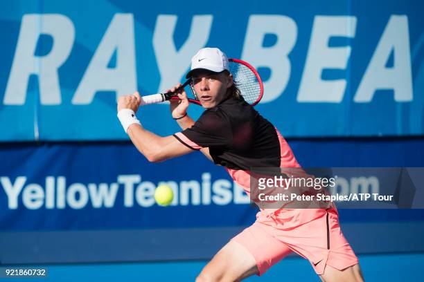 Match winner Denis Shapovalov of Canada in action against Ivo Karlovic of Croatia at the Delray Beach Open held at the Delray Beach Stadium & Tennis...