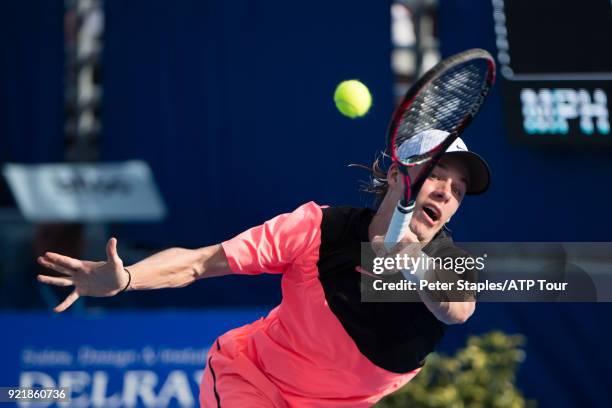 Match winner Denis Shapovalov of Canada in action against Ivo Karlovic of Croatia at the Delray Beach Open held at the Delray Beach Stadium & Tennis...