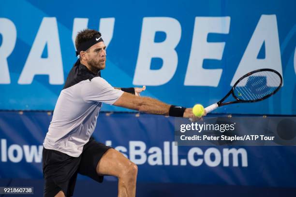 Match winner Juan Martin Del Potro of Argentina in action against Jeremy Chardy of France at the Delray Beach Open held at the Delray Beach Stadium &...