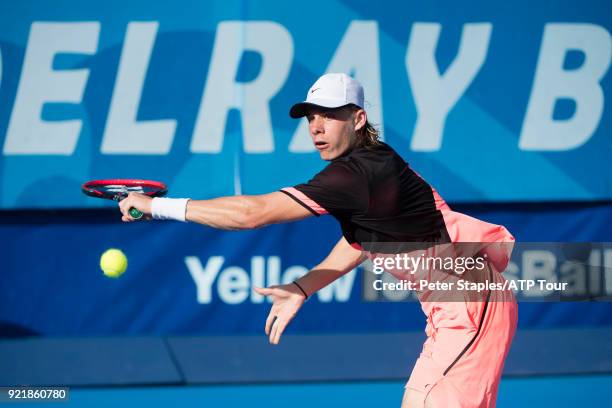 Match winner Denis Shapovalov of Canada in action against Ivo Karlovic of Croatia at the Delray Beach Open held at the Delray Beach Stadium & Tennis...