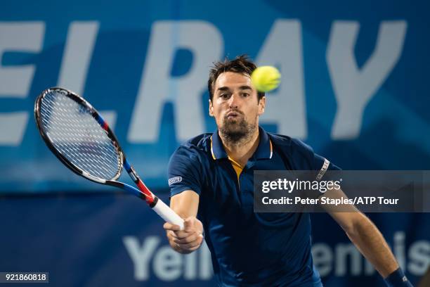 Jeremy Chardy of France in action with match winner Juan Martin Del Potro of Argentina at the Delray Beach Open held at the Delray Beach Stadium &...