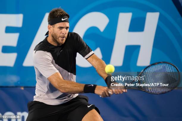 Match winner Juan Martin Del Potro of Argentina in action against Jeremy Chardy of France at the Delray Beach Open held at the Delray Beach Stadium &...