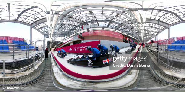 Lamin Deen of Great Britain and his team-mates take part in a Men's 4-man Bobsleigh practice session at Olympic Sliding Centre on February 21, 2018...