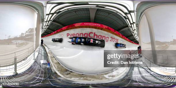 Lamin Deen of Great Britain and his team-mates take part in a Men's 4-man Bobsleigh practice session at Olympic Sliding Centre on February 21, 2018...