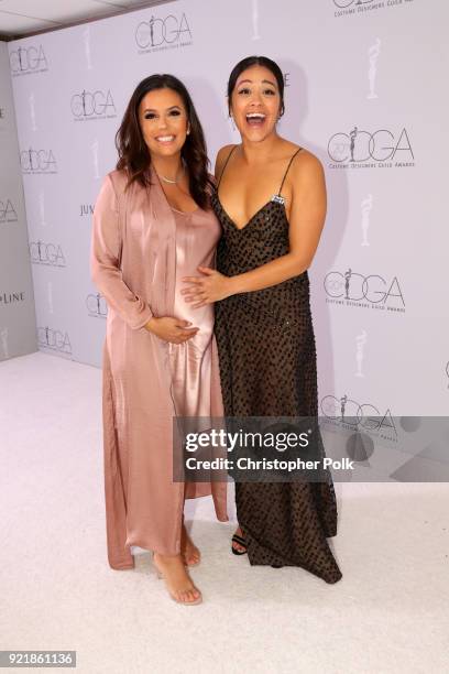 Actor Eva Longoria and host Gina Rodriguez attend the Costume Designers Guild Awards at The Beverly Hilton Hotel on February 20, 2018 in Beverly...