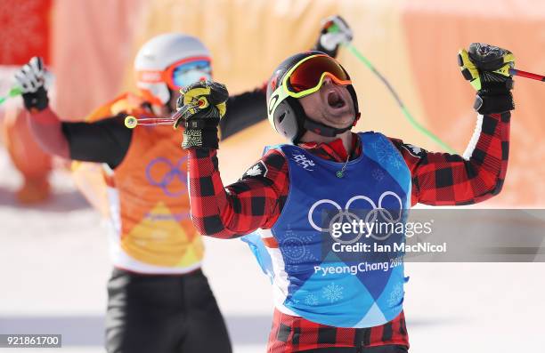 Bradly Leman of Canada celebrates after he takes gold in the Men's Ski Cross at Phoenix Snow Park on February 21, 2018 in Pyeongchang-gun, South...