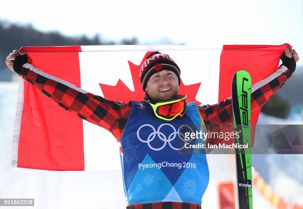 Bradly Leman of Canada celebrates after he takes gold in the Men's Ski Cross at Phoenix Snow Park on February 21, 2018 in Pyeongchang-gun, South...