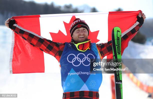 Bradly Leman of Canada celebrates after he takes gold in the Men's Ski Cross at Phoenix Snow Park on February 21, 2018 in Pyeongchang-gun, South...