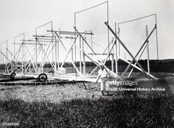 Photograph of Karl Jansky and his directorial radio aerial system. Karl Guthe Jansky an American physicist and radio engineer who discovered radio...