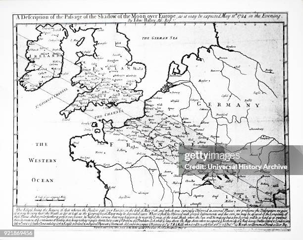 Edmond Halley's Solar Eclipse chart, showing the path of the Moon's shadow over Europe, England and Ireland during the eclipse 1724. Edmond Halley an...