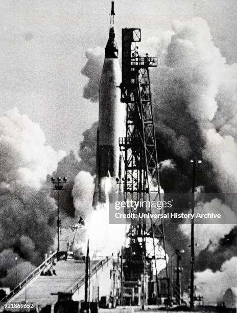 Photograph taken during the launch of Mercury-Atlas 9, the final manned space mission of the U.S. Mercury program. Dated 20th century.