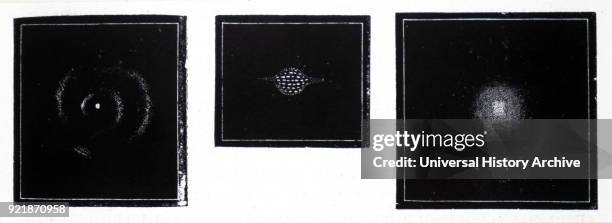 Engraving depicting Pierre-Simon Laplace's nebula hypothesis. Left: The formation of a solar system Stage 1 - nebula condensing into a star. Centre:...