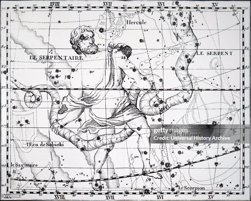 Chart showing the constellation of Ophiuchus (Serpent Bearer) and Serpens.