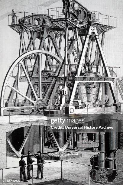 Illustration depicting a steam powered pumping engine. This compound beam engine was used at the Lawrence waterworks. A flywheel is mounted between...