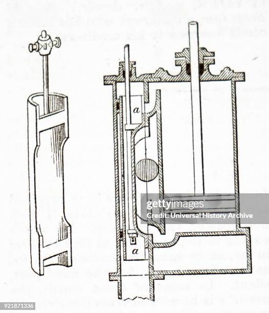 Engraving depicting a hand-powered eccentric butter churn. The agitation of the cream was achieved by the rising and falling of the opposite ends of...