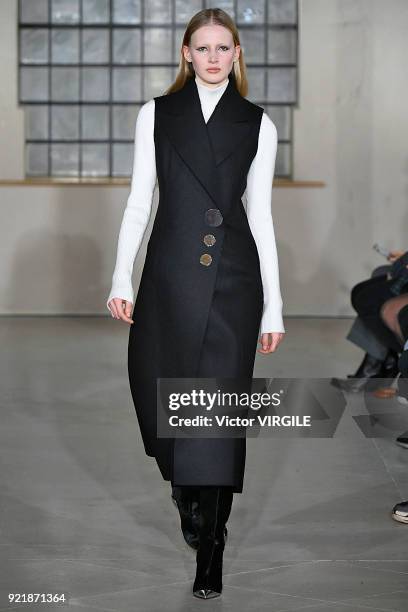 Model walks the runway at the David Koma Ready to Wear Fall/Winter 2018-2019 fashion show during London Fashion Week February 2018 on February 19,...